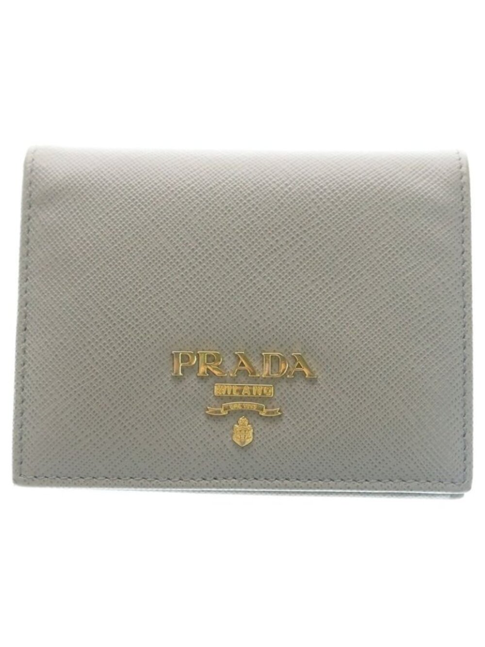 Prada Saffiano Bifold Compact Wallet Card Case Blue Grey Leather Gold - Picture 1 of 6